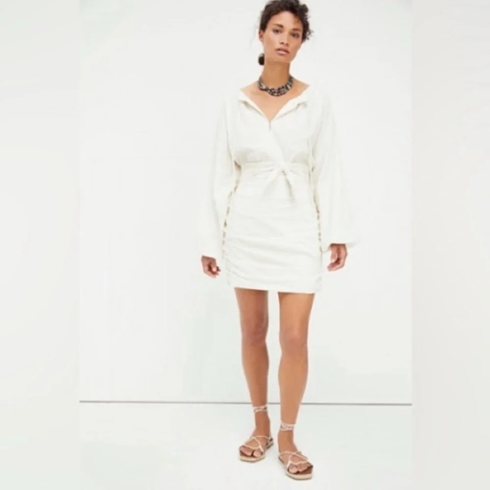 Free People Mini Dress XS Cream Gauzy‎ Boho Peasant Ruched Buttons Neutral NWT